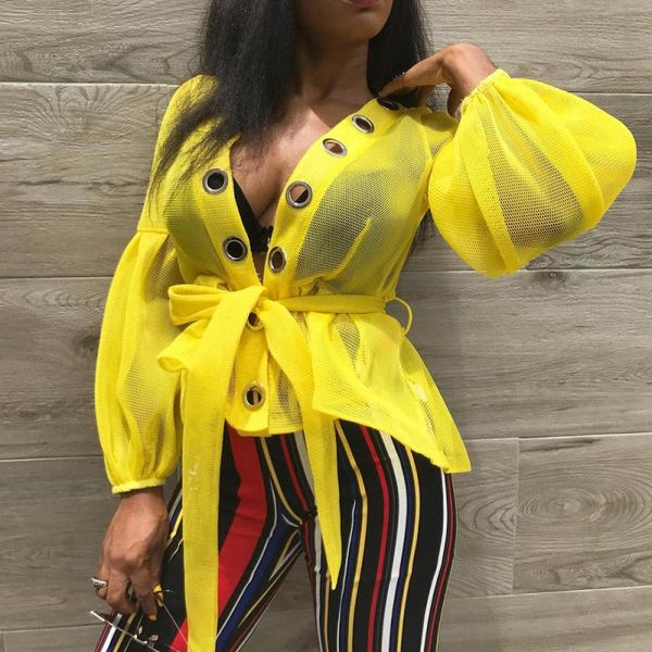 

bandage open stitch hollow out coat v neck tank full sleeve yellow women casual club mesh shirt jacket clothes, Tan;black