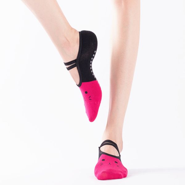 

women sports yoga slipper anti slip cat pattern cotton socks ladies dance pilates yoga socks professiona fitness, Black