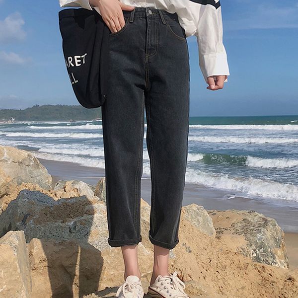 

women high waist jeans black blue ankle-length denim pants spring autumn straight denim jeans casual loose trousers pockets