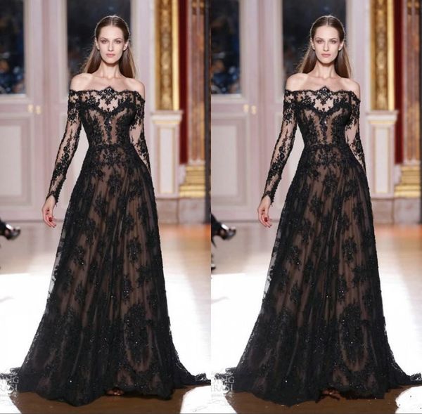 

2019 new off shoulder evening gowns a-line sheer black lace applique long sleeves floor-length evening dresses vestido de festa, Black;red