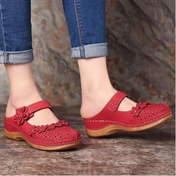 

women's sandals 2020 summer handmade ladies shoes leather floral sandals women flats retro style shoes woman cover heel open pu, Black