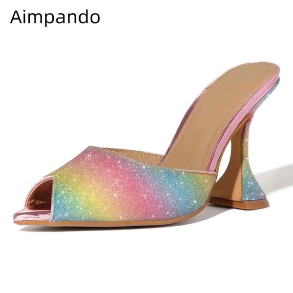 

new arrival 2020 goblet heel party shoes woman pointy toe peep toe colorful rainbow color glitter slippers women, Black