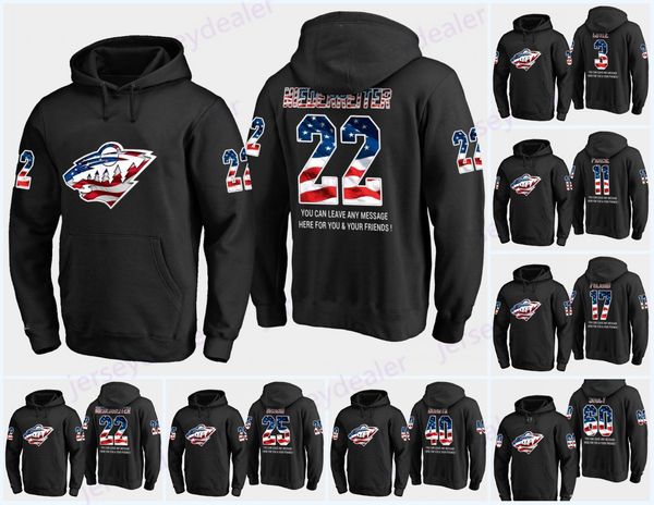 

Mens Minnesota Wild USA Flag Black Hoodie Jerseys 3 Charlie Coyle 17 Marcus Foligno 23 J.T. Brown 32 Alex Stalock Hoodies Sweatshirts
