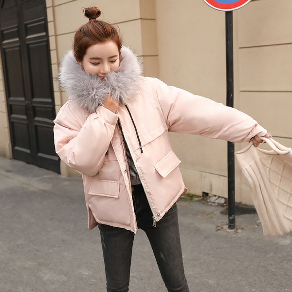 

faux fur collar short parkas loose down cotton coats winter women hooded jackets pink black burgundy snow outwear 2018