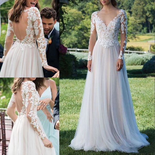 

sexy открыть назад пляж boho свадебные платья новая линия 2020 иллюзия длинные рукава кружева аппликация дешевые длина пола свадебные платья, White