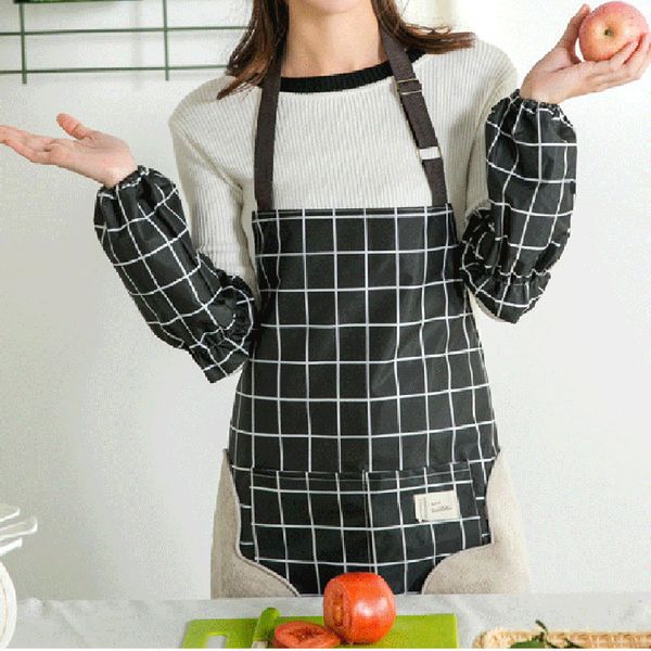 

sleeved women apron kitchen cooking apron restaurant fashion anti fouling erase hand plaid with pocket plaid hx0621