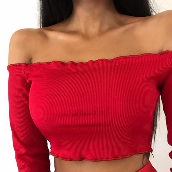 

new 2019 fashion women casual off shoulder crop blouse long sleeve slim shirt spring summer, White