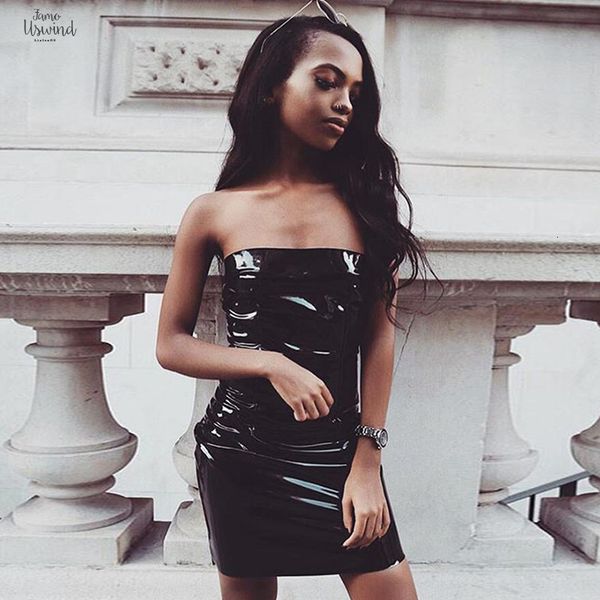 

pu leather women dress black pencil mini bodycon strapless club party dresses spring sleeveless red leather dresses designer clothes, Black;gray