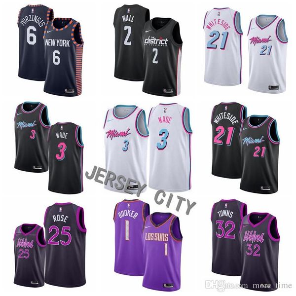 

2019 mnes the city new edition basketball jerseys #3 wade #2 wall #25 rose #1 booker #6 porzingis #21 whiteside #32 towns basketball jerseys, Black