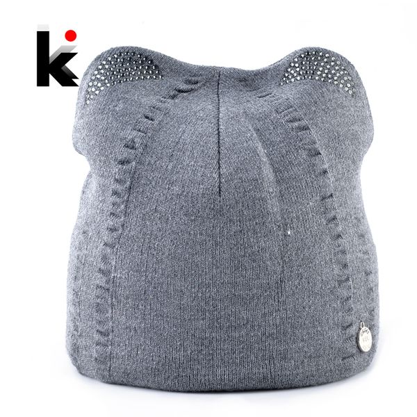 

women's winter hats warm knitted hat with cute ears fashion knitting rhinestone beanies girls lovely caps ladies solid bonnet, Blue;gray