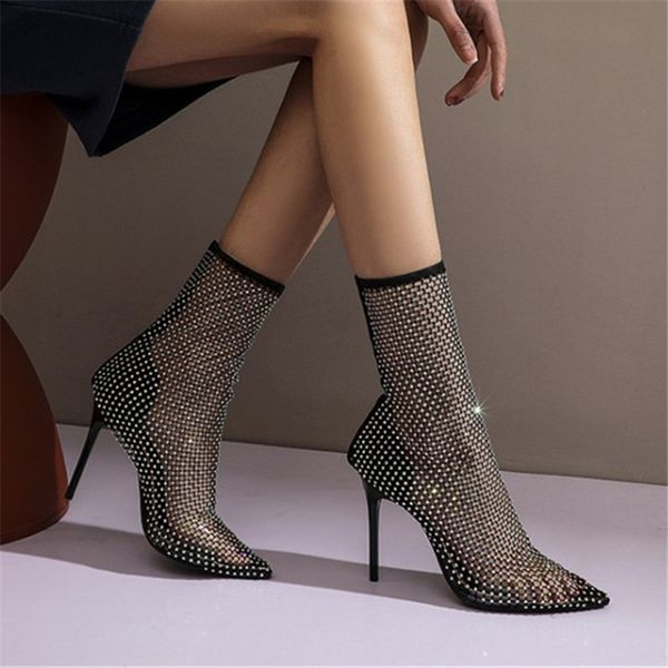 

pxelena new banquet bling crystal socks short boots women mesh gladiator sandals stiletto super high heels rome shoes 34-45, Black