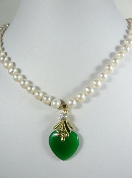 

bastante 7-8mm blanco perla + corazÃ³n verde jade, Silver
