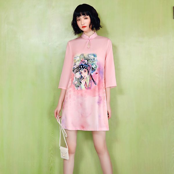 

элегантный китайский стиль qipao cheongsam летнее платье половина рукава пекинская опера printed daily улучшение ци пао платье, Red