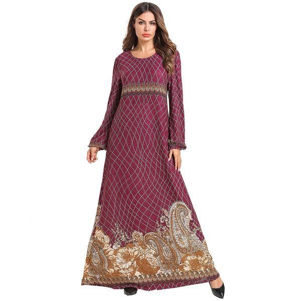 

women fashion muslim clothings o neck long sleeve plus size 4xl printed flower kimono femme musulman tesettur elbise, Red