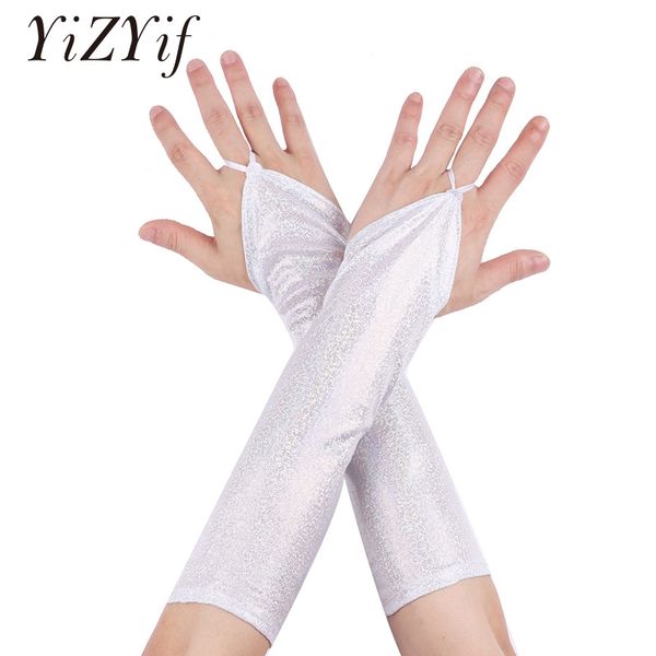 

yizyif womens gloves shiny metallic fingerless long gloves dancewear evening party cosplay costume accessories fingerless, Blue;gray