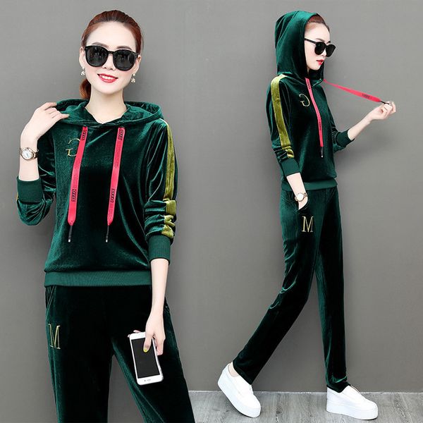 

autumn women tracksuit sport suit velour loose embroid hoodie sweatshirt+sweatpant casual jogger running workout set sportswear, Black;blue
