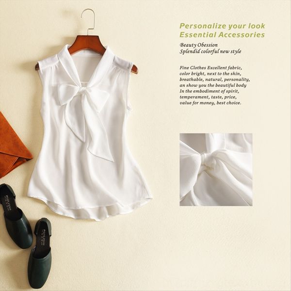 

pure color sleeveless mulberry temperament butterfly bow collar pure color women's silk sleeveless t-shirt women's mulberry silk t, White