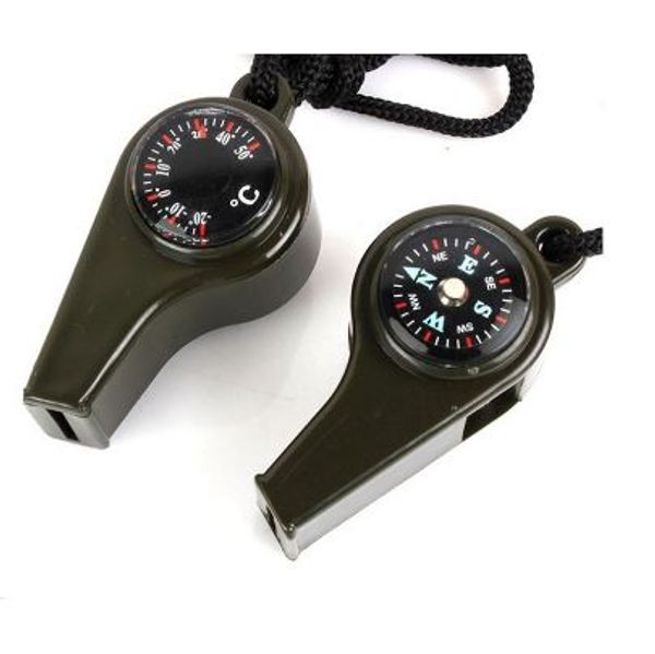 Compass Whistle 3 in 1 Emergenza all'aperto Campeggio Escursionismo Fischietto da viaggio in montagna con termometro Strumenti di sopravvivenza verde militare