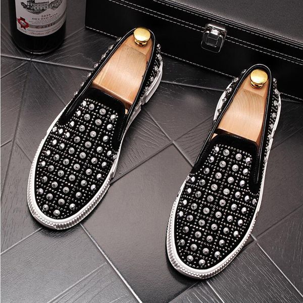

korean style mens fashion rivets shoes slip-on flat shoe genuine leather loafers summer platform sneakers punk party wear, Black
