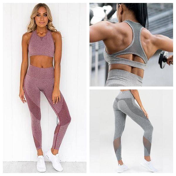 

2pcs mesh stitching yoga set sports suits women's gym fitness running clothing sportswear women leggings+bra kg-53, White;red