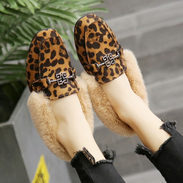 

fur pumps women leopard shoes winter block heels brand loafers woman animal prints plush shoes women, Black