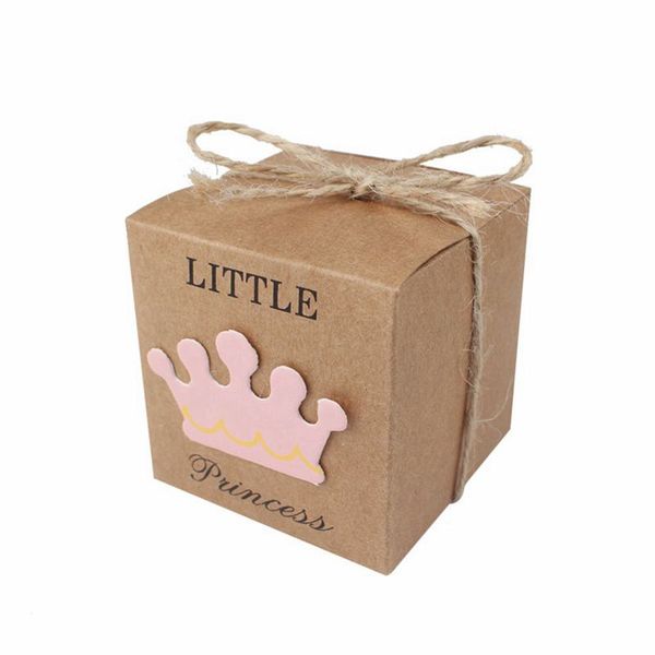 

50pcs baby shower candy box little prince little princess crown kraft boxes blue pink candy box for girl boy birthday favors