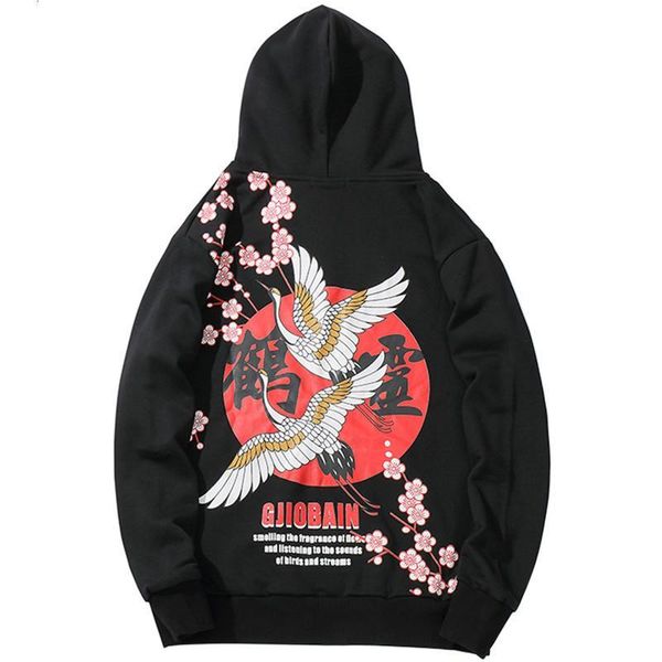 

sifan 2019 hoodies sweatshirt hip hop mens chinese kanji harajuku streetwear hoodie crane floral print autumn hooded pullover loose, Black