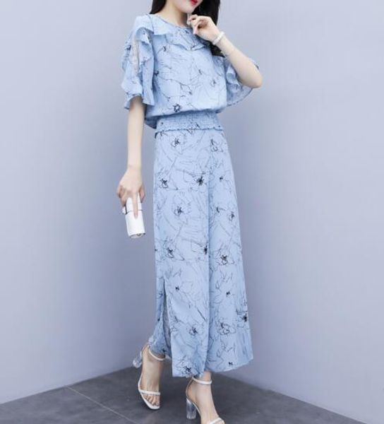 

two-piece pants chiffon floral wide-leg pants new women's summer nine pants casual fashion suit, White