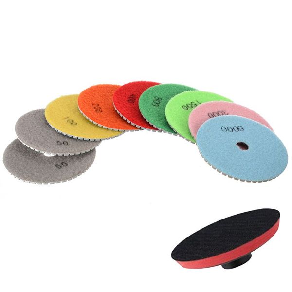 

10pcs 4'' diamond polishing pads set, m14 self-adhesive holder + 9 pieces wet dry polishing pads kit for granite marble and ston