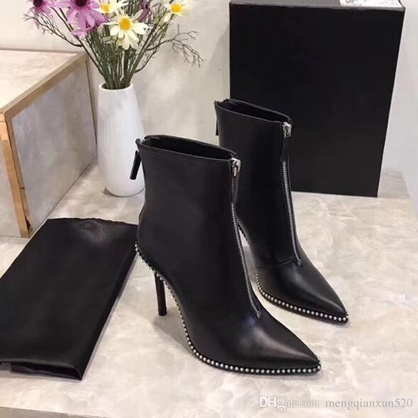 

2018 spring and autumn quarter pointed boots designer rivet shoes high heels with thin heels zipper, short boots leather fashion boots 35-41, Black