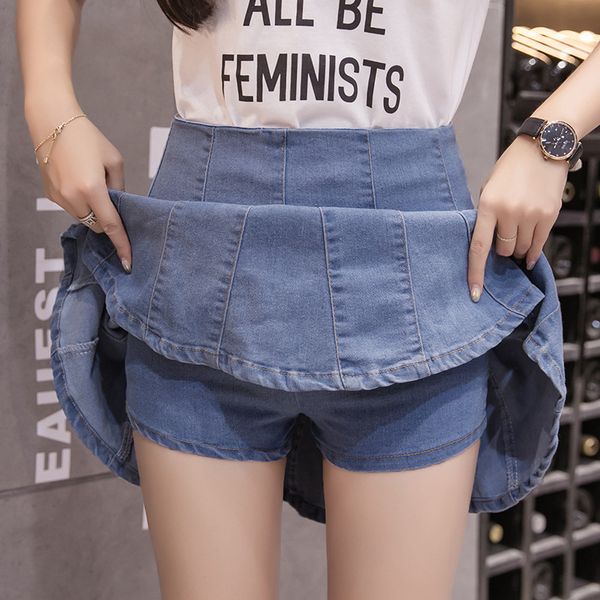 

denim skirt shorts women's summer new high waist a-line skorts jean pleated mini skater skirt umbrella, Black