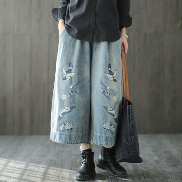 

vintage elastic high waist straight loose wide leg pants embroidered birds women jeans spring autumn casual denim trousers, Blue