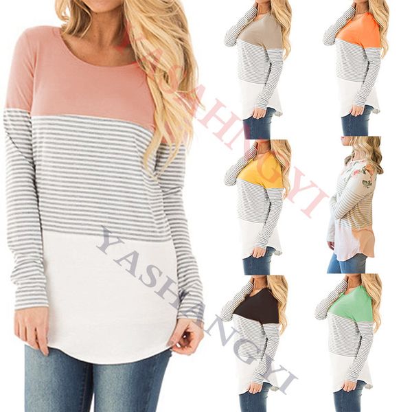 

cross-border autumn stripe round collar long sleeves splicing shirt bottoming t shirts, Black