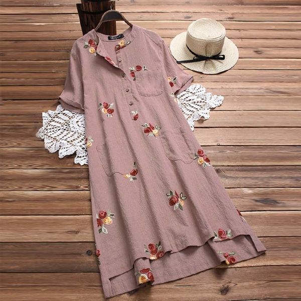 

plus size shirt dress 2019 summer women casual short sleeve embroidery cotton linen party long vestido sundress femme, Black;gray