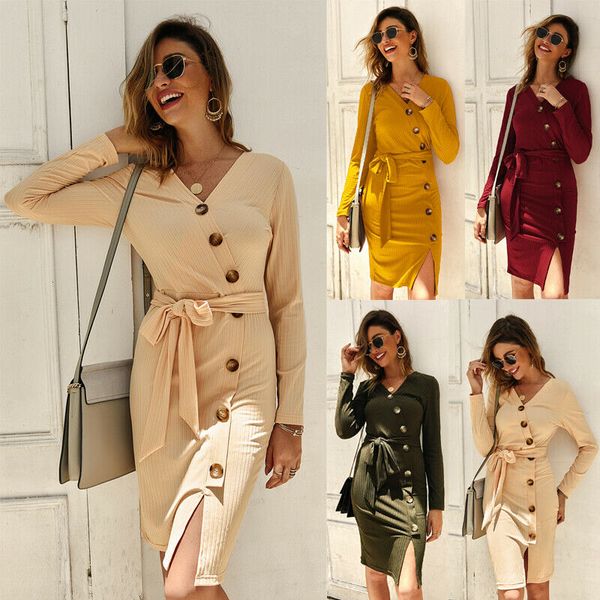 

fashion new cool women long sleeve bodycon dress v-neck stretch ribbed knit casual dresses, Black;gray