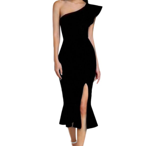

new fashion harajuku women ruffle one shoulder cocktail party club mermaid pencil dress bodycorn skinny side split dresses, Black;gray