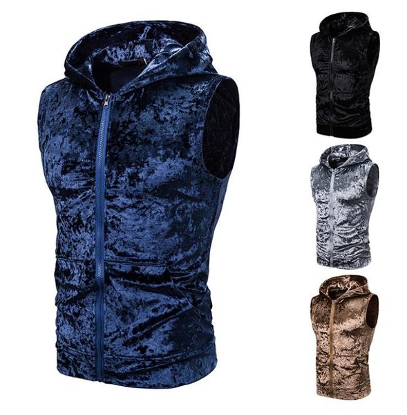 

men vest tank pure color sleeveless zipper hooded pocket design bright velvet men vest coat m60, Black;white