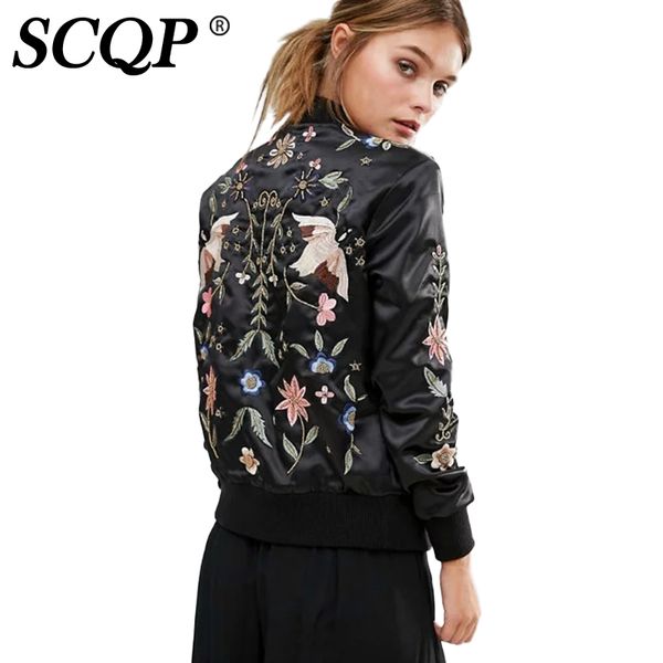 

scqp fashion 2017 ladies jacket balck floral bird embroidered bomber jacket autumn casual streetwear women basic coats, Black;brown