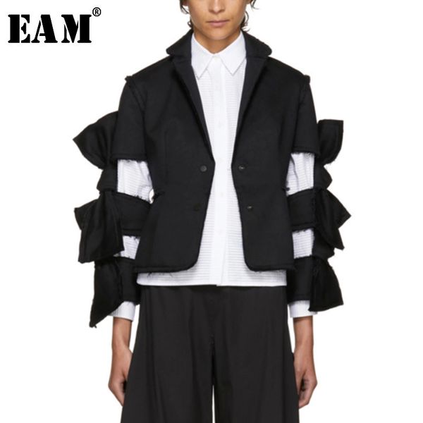 

eam] 2019 spring black solid loose long sleeve coat bow hollow out wild short fashion new women's la745, Black;brown