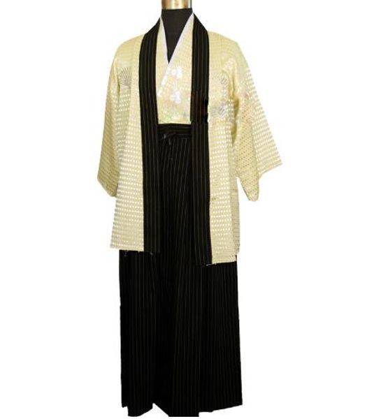 

beige japanese men's warrior kimono haori vintage yukata with obi performance costume, Gray