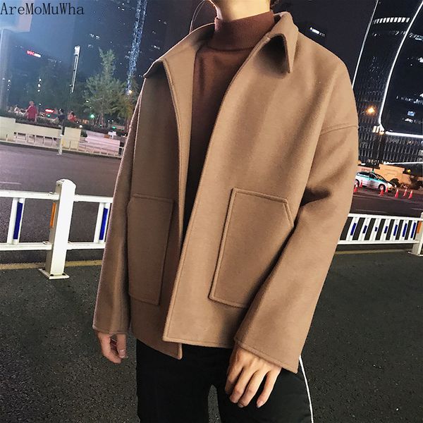 

aremomuwha spring new woolen coat trend woolen coat men's short paragraph loose retro european and american style men's clothing, Black