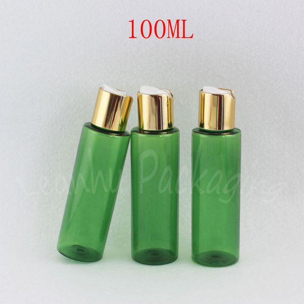 Bottiglie vuote di plastica verde da 100 ml con tappo superiore a disco dorato, sub-imbottigliamento shampoo/lozione 100CC, contenitore cosmetico vuoto