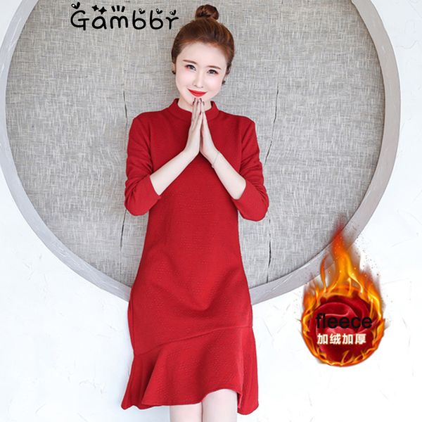 

винтаж cheongsam qipao платье китайский новый год платье 2019 с длинным рукавом зима флис теплый толстый ци пао плюс размер женская одежда, Red
