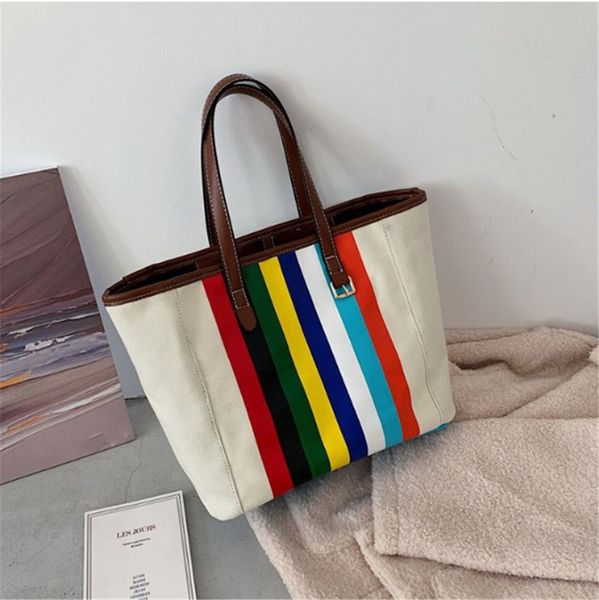 

rainbow stripe canvas bag tote bag large capacity handbag ph-cfy2003193