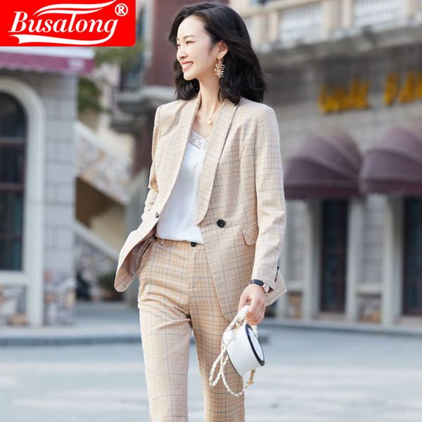 

spring new work office lady pant suits 2 piece sets plaid pants blazer jacket & zipper trousers suit for women set feminino, White;black