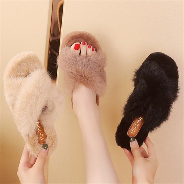 

women winter home slippers ladies animal prints fur warm slides indoor soft casual shoes women sandals plus size shoes, Black
