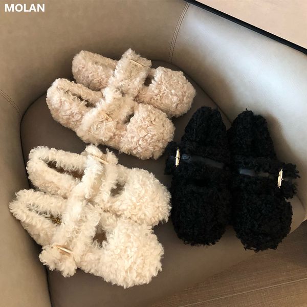 

molan brand designers 2019 winter korean fashion luxury belt soft warm wool falts shoes women slip on loafers for ladies casual, Black