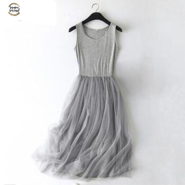 

2019 spring sleeveless sling gauze lace dress women tunic basic long dresses summer modal mesh gray dress, Black;gray