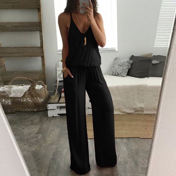 

2019 ladies wide leg pants playsuit romper black blue red popular playsuit womens solid casual loose sleeveless v neck jumpsuit, Black;white