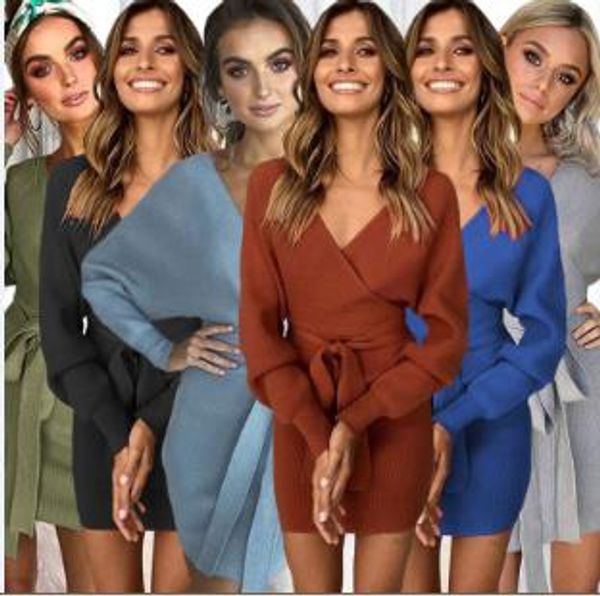 

dress spot 2021 european spring and summer solid color v-neck belt bow long-sleeved dress, support mixed batch, Black;gray
